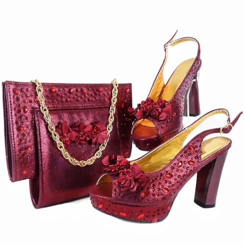 Wine Women Shoes and Bag Set African Ladies High Heels Sandals Match with Handbag Party Pumps Femmes Sandales2