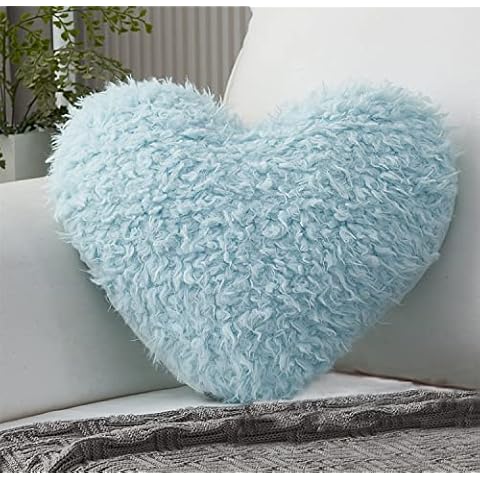 MooWoo Fluffy Heart Throw Pillow with Pillow Cover and Insert, Shaggy Faux Fur, Decorative Design for Indoor and Outdoor, (Blue, Heart Shape-15.7X15.7Inches) Cover