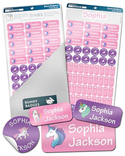 Bunny Badges Personalized Daycare Name Labels for Kids (130 Labels) - Custom Waterproof Name Stickers for Clothing Tags, Water Bottles, Lunch Boxes and School Supplies (Unicorns)