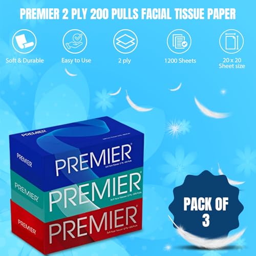 Image of Premier Facial Tissue Paper Box-Soft Pack (600 Pulls, 1200 Sheets) | 200 pulls x 3 Packs | Super Soft, Skin Friendly & Highly Absorbent Face Tissue Napkins | Car Tissues, Office Tissue Paper