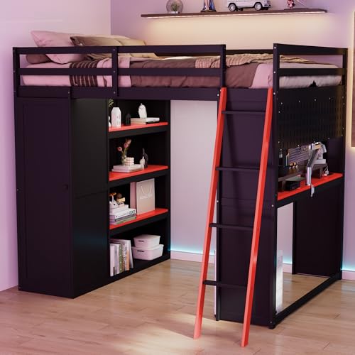 Image of Harper & Bright Designs Wood Loft Bed with Gaming Desk,Wardrobe and Bookshelves,Full Loft Bed Frame with Charging Station,RGB Light,Curtains and Pegboard,Black Red