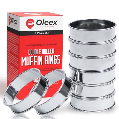 Oleex English Muffin Ring Set! 8 Muffin Rings 4inch! Multipurpose Stainless Steel Ring Set. Circle Egg Ring, Cooking Rings, Pancake, Crumpet Rings, Brioche Molds, Tart Ring.