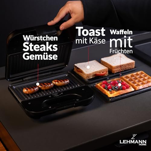 LEHMANN Sandwichmaker 3 in 1, Multifunktionsgerät mit austauschbaren Platten - Waffeleisen, Kontaktgrill, Sandwichtoaster, Antihaftbeschichtete, Schnelle Zubereitung für Sandwiches, Waffeln, Paninis