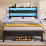 Furnulem Full Size Bed Frame with LED Light and Charging Station, Wood Storage Headboard with 2-Tier Shelves, Metal Platform Bed with Heavy Duty Slats Support, No Box Spring Needed, Black Oak
