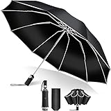 【逆折り式10本骨】折りたたみ傘 ワンタッチ自動開閉 メンズ レディース兼用 耐風・豪雨対応（台風対策可）広幅105cm大きい 反射テープ付き 遮光99%・UVカット99% 男子日傘 テフロン加工 折り畳み傘 収納ポーチ付き 晴雨兼用 梅雨対策 丈夫耐久 ブラック