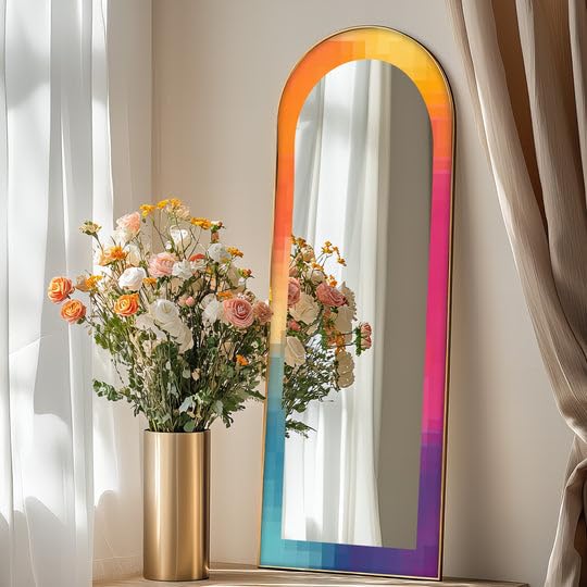 PixelGlow Fusion - Specchio da pavimento astratto ad arco a tutta lunghezza - Specchio da pavimento colorato a corpo intero con cornice nera con cornice argentata