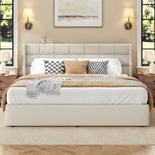 Image of HISOFT King Size Lift Up Storage Bed Frame, Linen Upholstered Platform Bed with Wingback Headboard, Heavy Duty Hydraulic Gas Lift Underbed Space, Reinforced Full Metal Slats, Noise Free, Light Beige