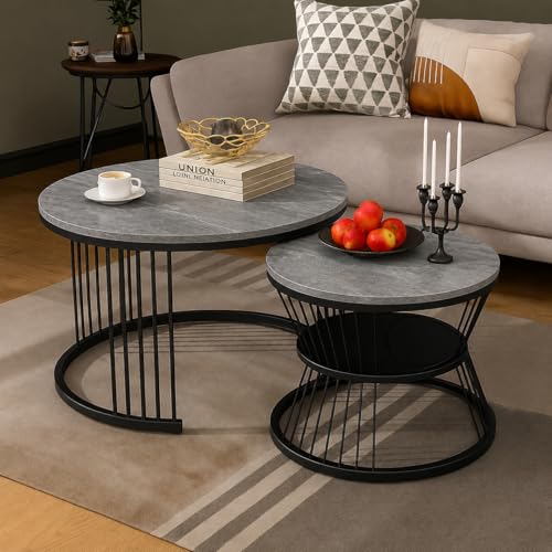 Image of Roldo Modern Nesting Coffee Table Set of 2 for Living Room, Round Coffee & Side Table with Metal Frame and Marble Finish MDF Top, Center Table for Sofa, Home Decor Office & Apartment (Black Grey)