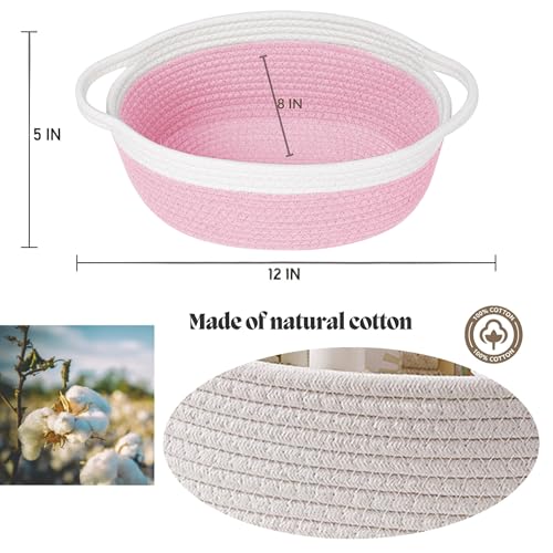 Image of 2 Pack Small Woven Storage Basket with Handles 12 inchx8 inchx5 inch, Decorative Rope Bin for Home Organization, Shelf Storage,Cotton Rope Room Shelf Storage Basket with Handles