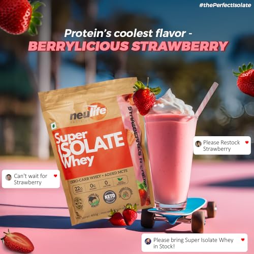 Image of Neulife SUPER ISOLATE Whey | Next-Gen Whey Isolate Protein Powder for Biohackers with Ketofuel MCTs for Protein Sparing and Maximum Absorption- 900g (450gx2) (Strawberries & Cream)