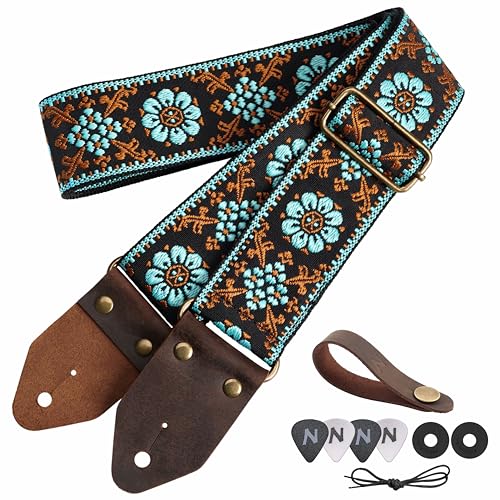 Image of Nefelibata Guitar Strap,Jacquard Embroidery Cotton Guitar Straps with Crazy Horse Leather Ends for Bass, Electric & Acoustic, Best Gifts for Kids, Guitarists(Blue flower embroidery)
