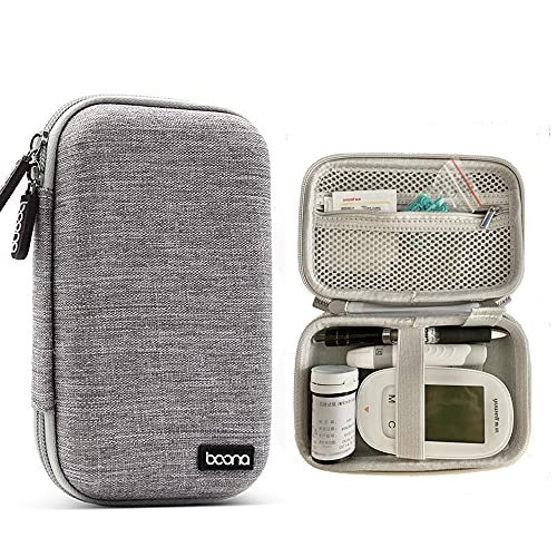 Hard Shell Diabetic Supplies Bag Carrying Case Organizer For Diabetes Testing Kit, Blood Glucose Monitor Kit with Meter, Blood Sugar Test Strips, Lancets, Lancing Device, Alcohol Wipe (A-Gray, Small)