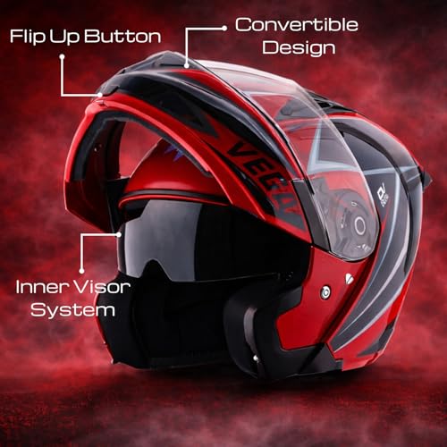 Image of Vega VM-02 Spike Timeless Flip-Up Motorcycle Helmet | ISI Certified | Lightweight Modular Design with Bold Graphics:Red Black, L