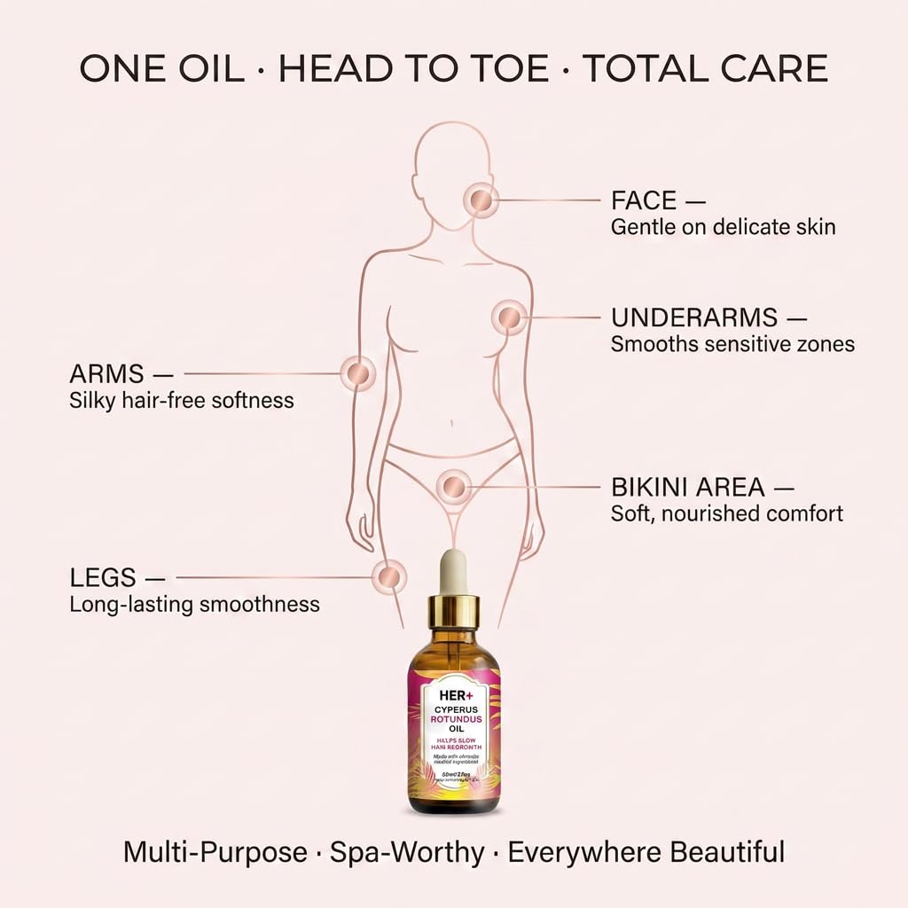 Cyperus Rotundus Oil for Hair Removal - 60ml, Organics Hair Removal Oil, Reducing Body Hair Growth, Pore Minimizer, Moisturizing & Soothing, Suitable for All Skin Types