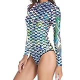 Wedhapy Womens Swimsuits, Long Sleeve Rash Guard for Women, UV Protection Bathing Suit Swimwear, Fish Scales Print Surf Swimsuits for Women Summer, L