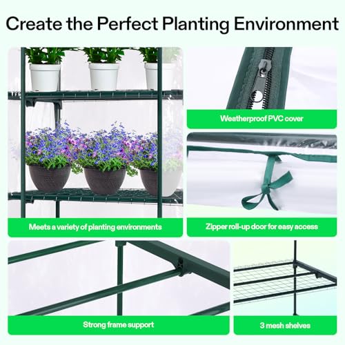Image of VIVOSUN Mini 4-Tier Greenhouse with Wheels, 27 x 19 x 63-Inch Reusable Portable Warm House with Clear PVC Cover and Shelf for Compact Garden and Small Backyards, with Wheels