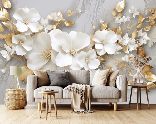 Papier peint 3D grand format fleur blanche fond beige Toolhom