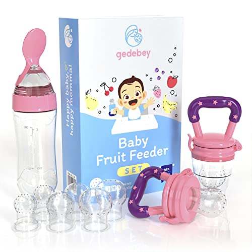 Image of Gedebey Baby Fruit Feeder Pacifier - 3 Pack | 2 Silicone Baby Feeder Pacifiers & 1 Baby Food Spoon Dispenser | Frozen Fruit Teether | Forage Feeder | Food Pacifier for Babies (Pink)
