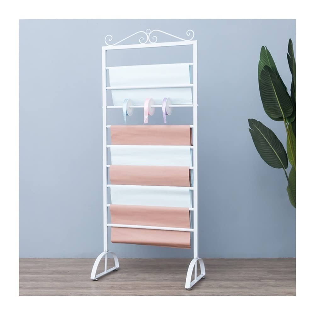 Présentoir de sol avec étagères métalliques pour tissu et rouleaux