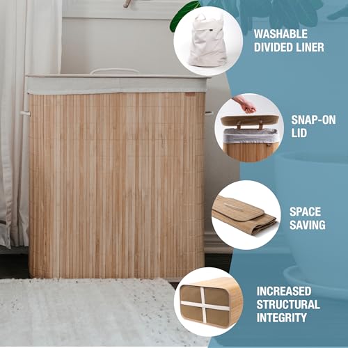 CleverMade Natural Bamboo Hamper LUXE, Double Hamper - 27 Gal (103L) Bamboo Laundry Hamper with Lid and Removable Machine Washable Laundry Bag - Holds 4 Loads and 50 Lbs. - Image 4