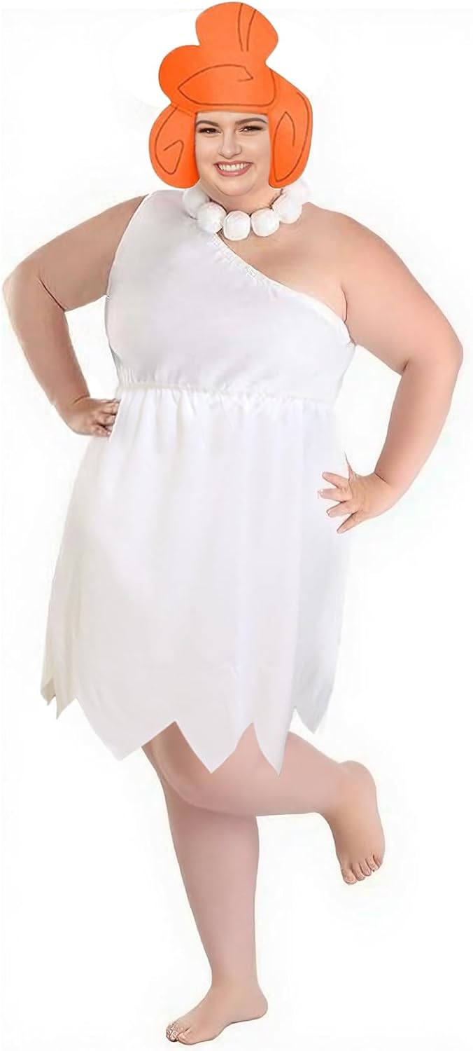 Halloween Costume for Women, 3 pcs Wilma Costume Women White Dress Plus Size, Necklace and Headgear, Women Caveman Costume for Halloween Stone Period Theme Party Cosplay(XL)