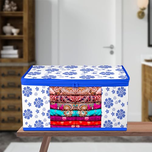 Image of Kuber Industries Saree Cover | Saree Bag | Wardrobe Organizer for Storage Dress and Salwar | Flower-Design | 9 inch | Pack of 3 | Blue