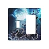 Moon Ocean Nautical Octopus 2-Gang Single Toggle/Rocker Combination Light Switch Cover Decorative Wall Plate Cover Electrical Faceplate Art Oil Painting Decor