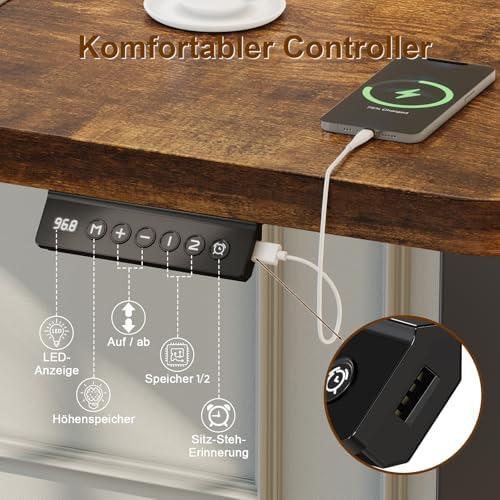 Bild 3 - JUMMICO Höhenverstellbarer Elektrischer Schreibtisch mit USB Ladeanschluss, Schreibtisch Höhenverstellbar, Ergonomischer Steh-Sitz Tisch 120 x 60 cm, Braun