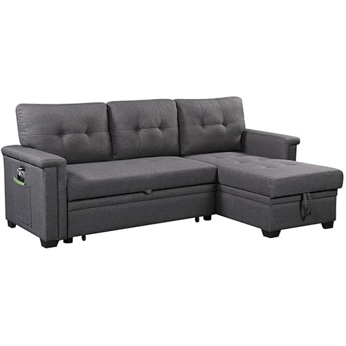 Lilola Home Nathan Dark Gray Reversible Sleeper Sectional Sofa with Storage Chaise, USB Charging Ports and Pocket