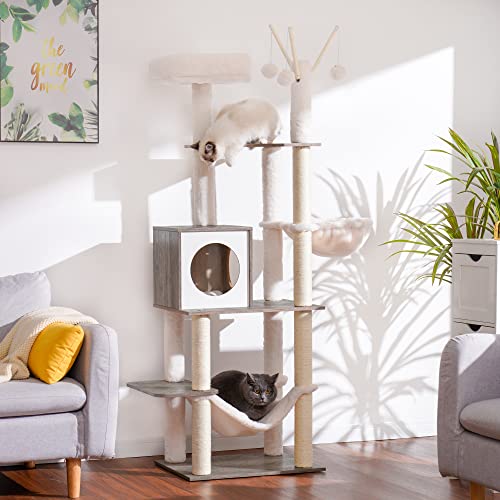 Image of Hey-brother Wooden Cat Tree, 66.1 inch Cat Furniture with Scratching Posts, Modern Cat Tower with hammocks, Toys, cat condo, Rustic Gray MPJ120SG