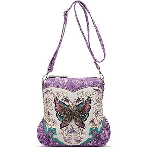 Western Style Butterfly Tooled Leather Women Purse Cross Body Handbag Concealed Carry Single Shoulder Bag (Purple) Cover