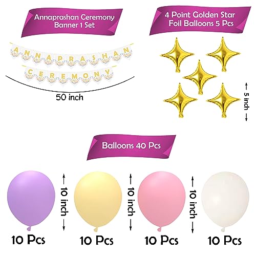 Image of Party Propz Annaprashan Decorations Items - 46 Pcs Pastel Balloons For Decoration with Rice Ceremony Banner, Star Foil Balloons, Baby Annaprasana Decoration Items, Annaprasana Decoration Backdrop