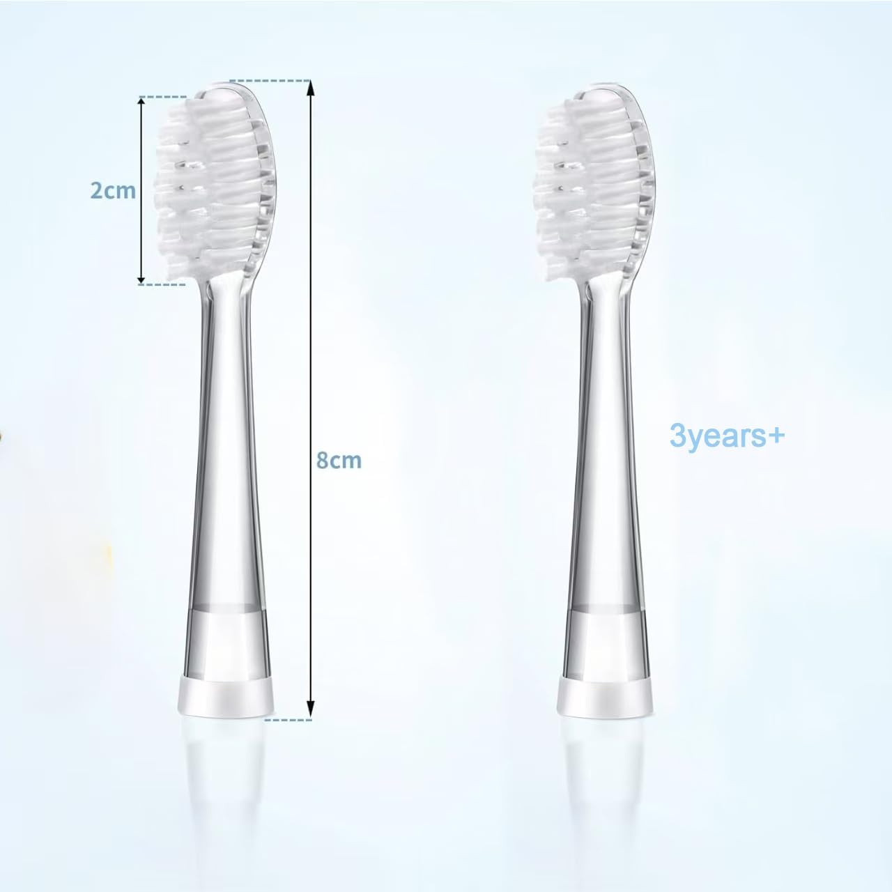 Image showing two replacement brush heads with dimensions: 8cm total length and 2cm brush head length, suitable for 3+ years.