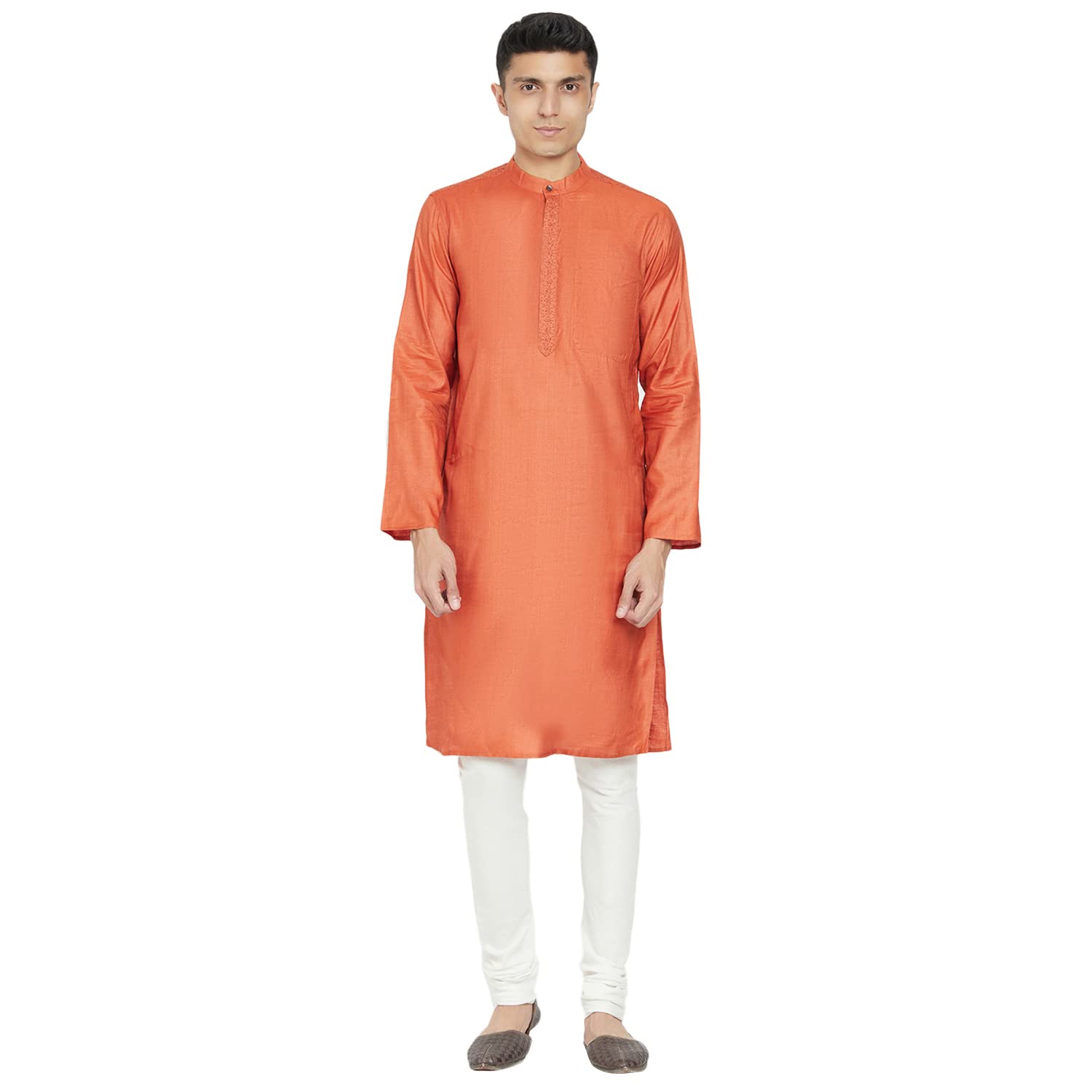 Fabindia Men's Silk Embroidered Slim Kurta_Orange_S