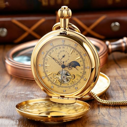 Image of Men's Mechanical Pocket Watch with Chain, Vintage Full Copper Hand-Wind Second&24hours Sub-dials Pocket Watches for Men with Box