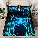 Blue Drum Kit Sheet Set Rock Roll Music Bedding Sets Glitter Lines Live Music Fitted Sheet Musical Instrument Modern Pop Music Fitted Bed Sheets with 1 Pillow Case Deep Pocket Twin(No Flat Sheet)
