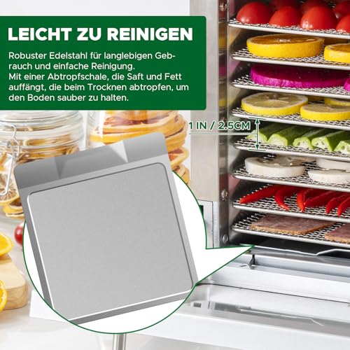 Kwasyo Dörrautomat Edelstahl Trockenkapazität 3,8 kg Rindfleisch, 0,67 m² Trockenfläche, 8 Edelstahl-Dörrtabletts (28x30 cm), 35-85°C Dörrgerät für Hundeleckerlis, Kräuter, Fleisch, Obst, Joghurt – Bild 6