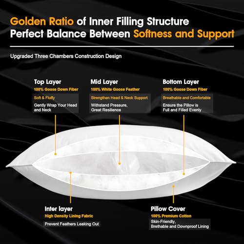 Ivellow Goose Down Pillow Hotel White Goose Feather Bed Pillow For Sleeping Queen Size Set Of 2 100% Cotton Pillow Cover Luxury Cloud Soft Breathable Fluffy Pillow For Back thumb #1