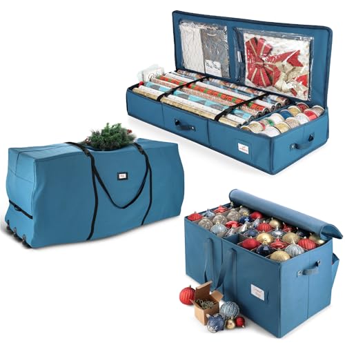 Image of Hearth & Harbor Christmas Tree Storage Bag 7.5 ft, Wrapping Paper Storage Organizer Container & Large Christmas Ornament Storage Box With Adjustable Dividers