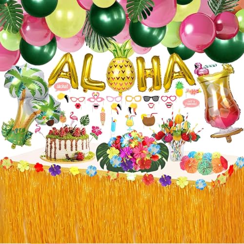 Evance 162pcs Hawaiian Party Decorations Hawaiian Tropical Party Deco Hawaiian Grass Table Skirt Aloha Balloon Garland Palm Leaves Juice Foil Balloon Luau Party Supplies