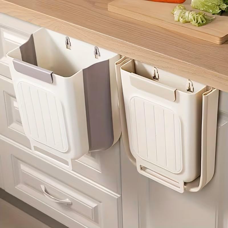 1pc Kitchen Foldable Trash Can, Household Cabinet Hanging Garbage Storage Bucket, Thickened Large Diameter Garbage Can, Kitchen Accessories, White