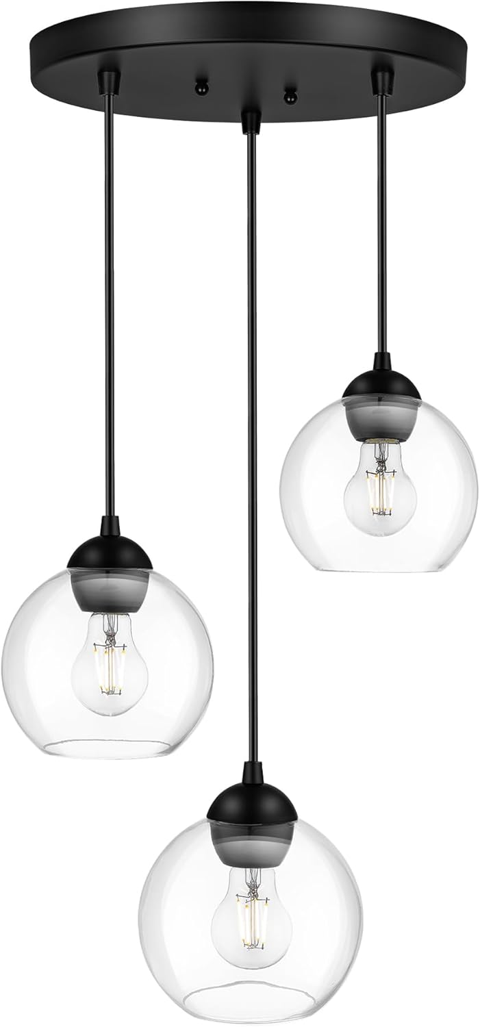 Emak Modern Black Pendant Lights Kitchen Island, 7 Inch Globe Pendant Light with Clear Glass Shade, 3-Light Cluster Island Lights for Kitchen, Bedroom, Bathroom, Dining Room, PL119-BK-CL Black & Clear Glass - 3 Light 7 Inch