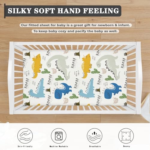Image of Dinosaur Group Fitted Crib Sheet Cactus and Dinosaur Baby Crib Sheet Fit Standard Crib and Toddler Mattress,Crib Mattress Sheets for Boys Girls 28 inchx52 inch