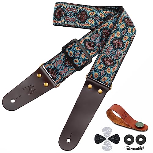 Nefelibata - Correa de guitarra de algodón bordado con cabeza de piel vacuno extremos para bajo,...
