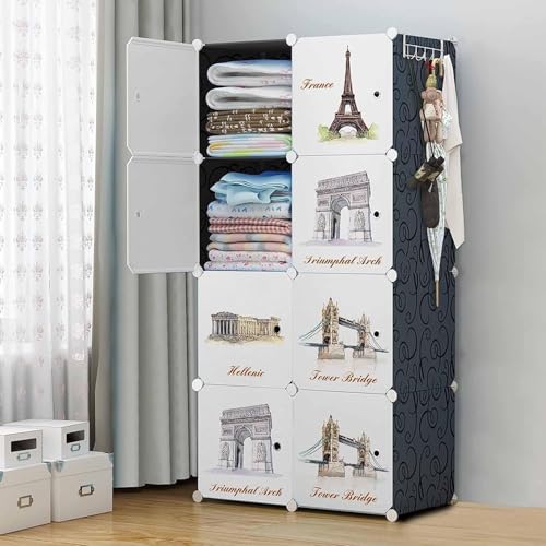 Image of Sunderlook Plastic Wardrobe for Kids Clothes - Professional Collapsible Wardrobe, Easy to Use Foldable Almirah, Plastic Cupboard for Kids for Home (Black-BB, 8 Door)