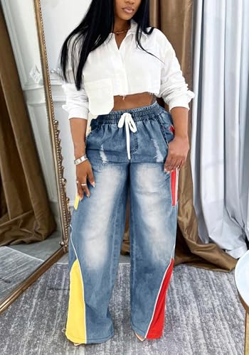DINGANG Drawstring Baggy Jeans for Women High Waisted Straight Leg Striped Patchwork Denim Pants2