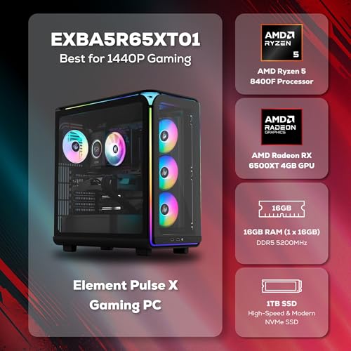 Image of iBUYPOWER Element Gaming PC Desktop Computer AMD Ryzen 5 8400F CPU, AMD Radeon RX 6500XT 4GB GPU, 16GB DDR5 5200MHz RAM, 1TB NVMe SSD, Windows 11 Home, Gamer Keyboard and Mouse - EXBA5R65XT01