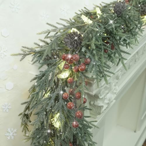 6FT Christmas Garland with Lights, Pre-Lit Artificial Pine Garland with Red Berries, Lighted Flocked Garland for Table Mantle Fireplace Door Stairs Windows Wall Indoor Outdoor Holiday Christmas Decor - Image 5