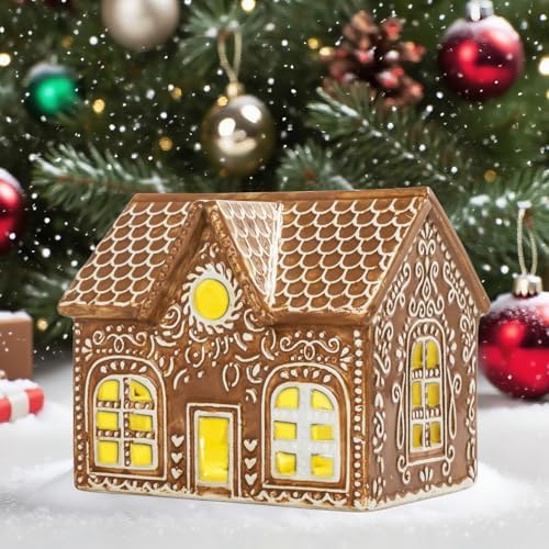 Ceramic Gingerbread House with Warm LED Lights, Hand-Painted Chri...