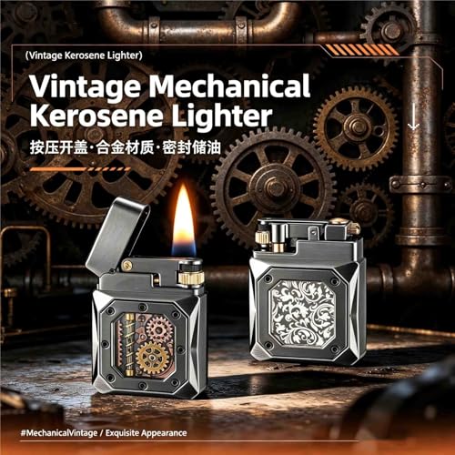 Encendedor de queroseno recargable estilo retro con ventana visible y engranajes mecánicos 3